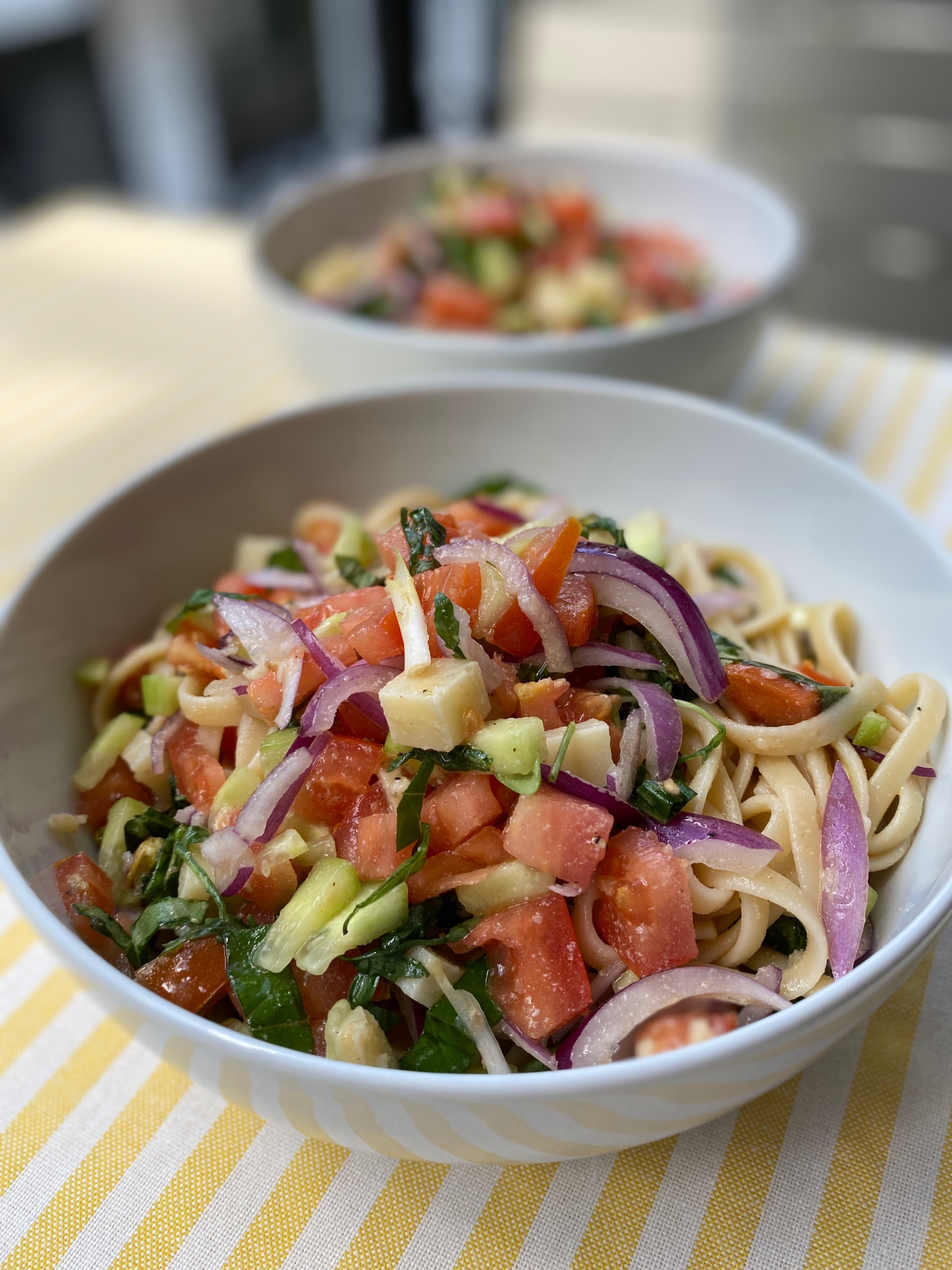 Your Go-To Summer Linguine with Fresh Veggies & Pistachio Crunch Recipe Image