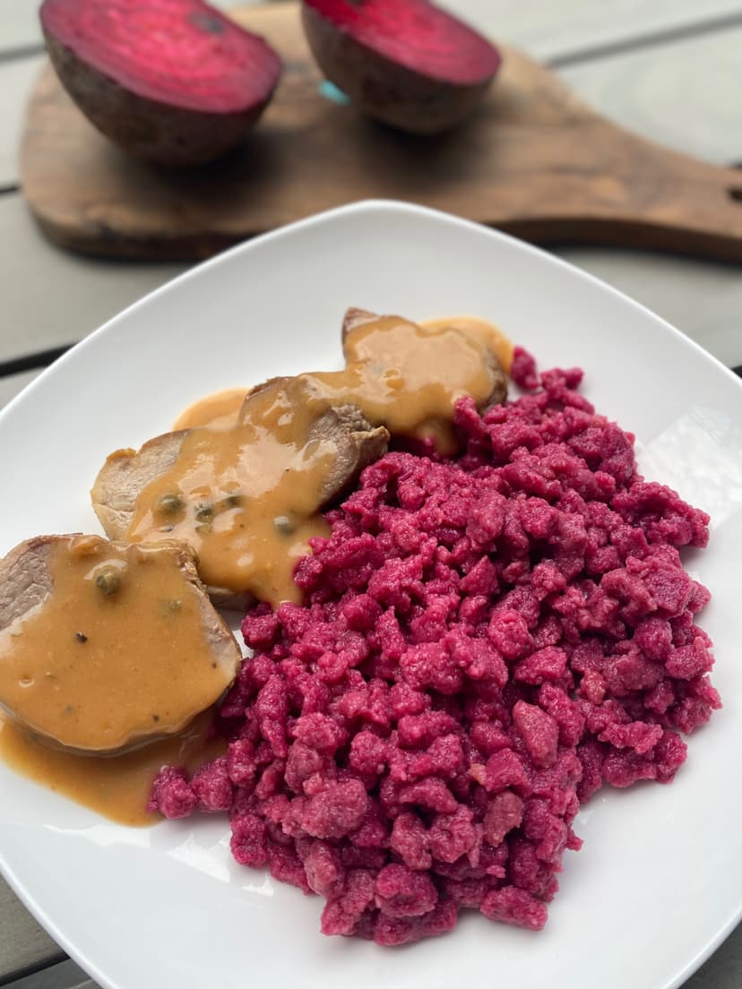 Beetroot Spätzle with Pork Tenderloin and Black Pepper Sauce Rocely Recipe