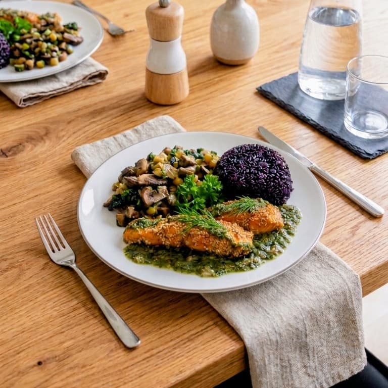 Salmon with Sesame Crust, Black Rice, and Dill-Lemon Sauce Rocely Recipe