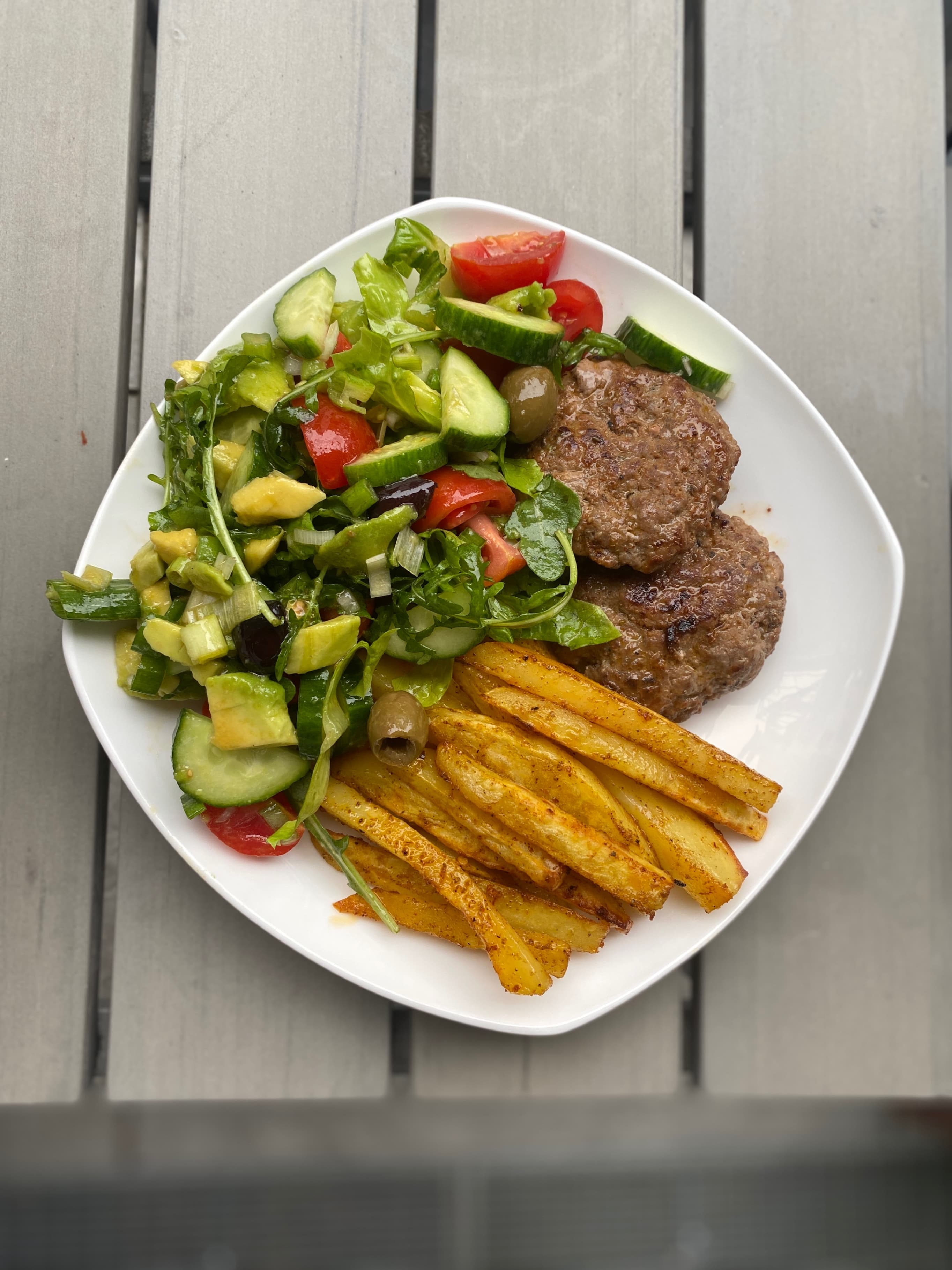 Beef Meatballs with Garlic Herb Potatoes and Garden Salad Recipe Image