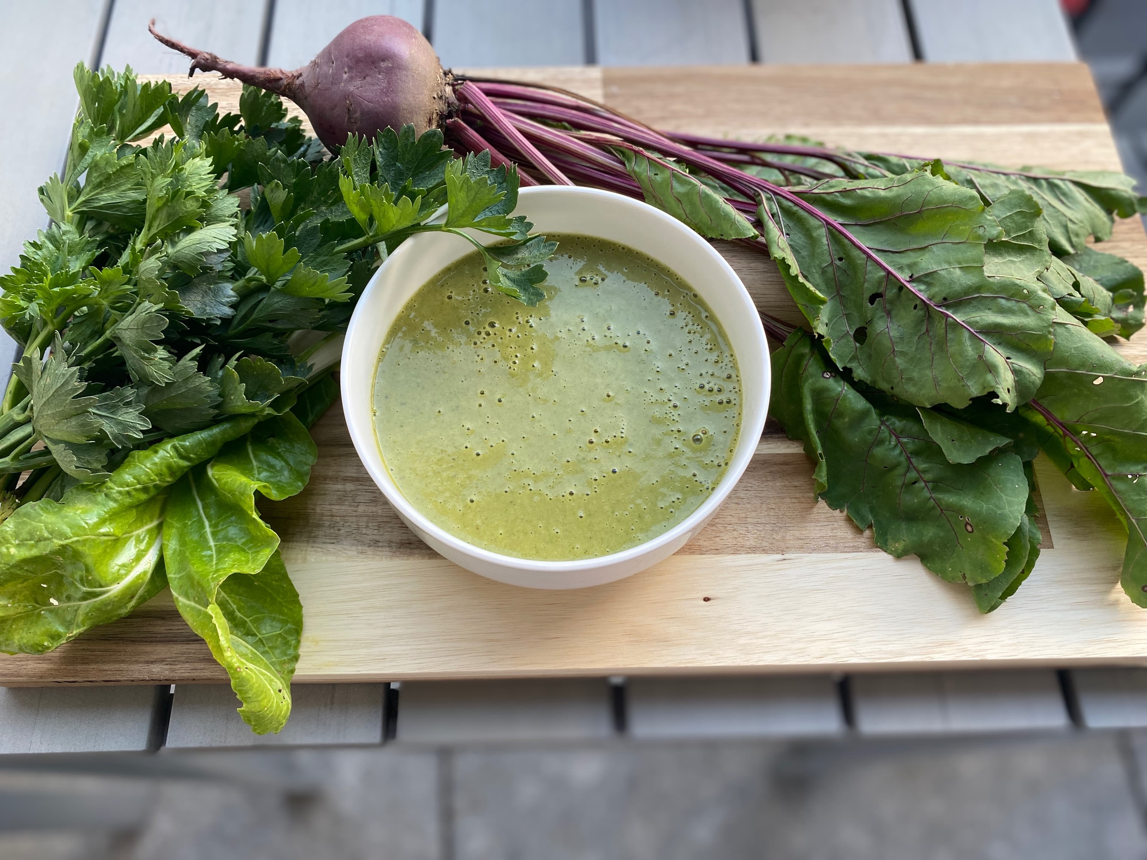 Root Vegetable and Leafy Green Crème Soup Recipe Image