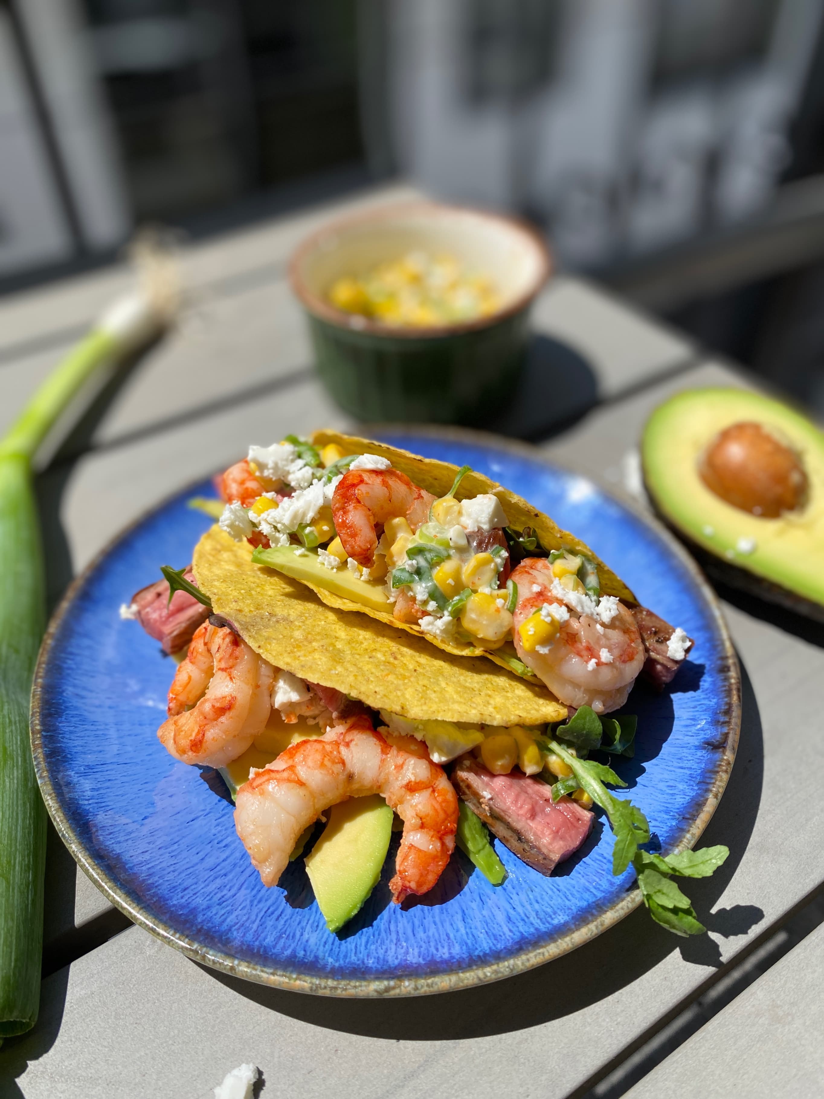 Surf and Turf Tacos with Avocado and Mixed Salad Recipe Image