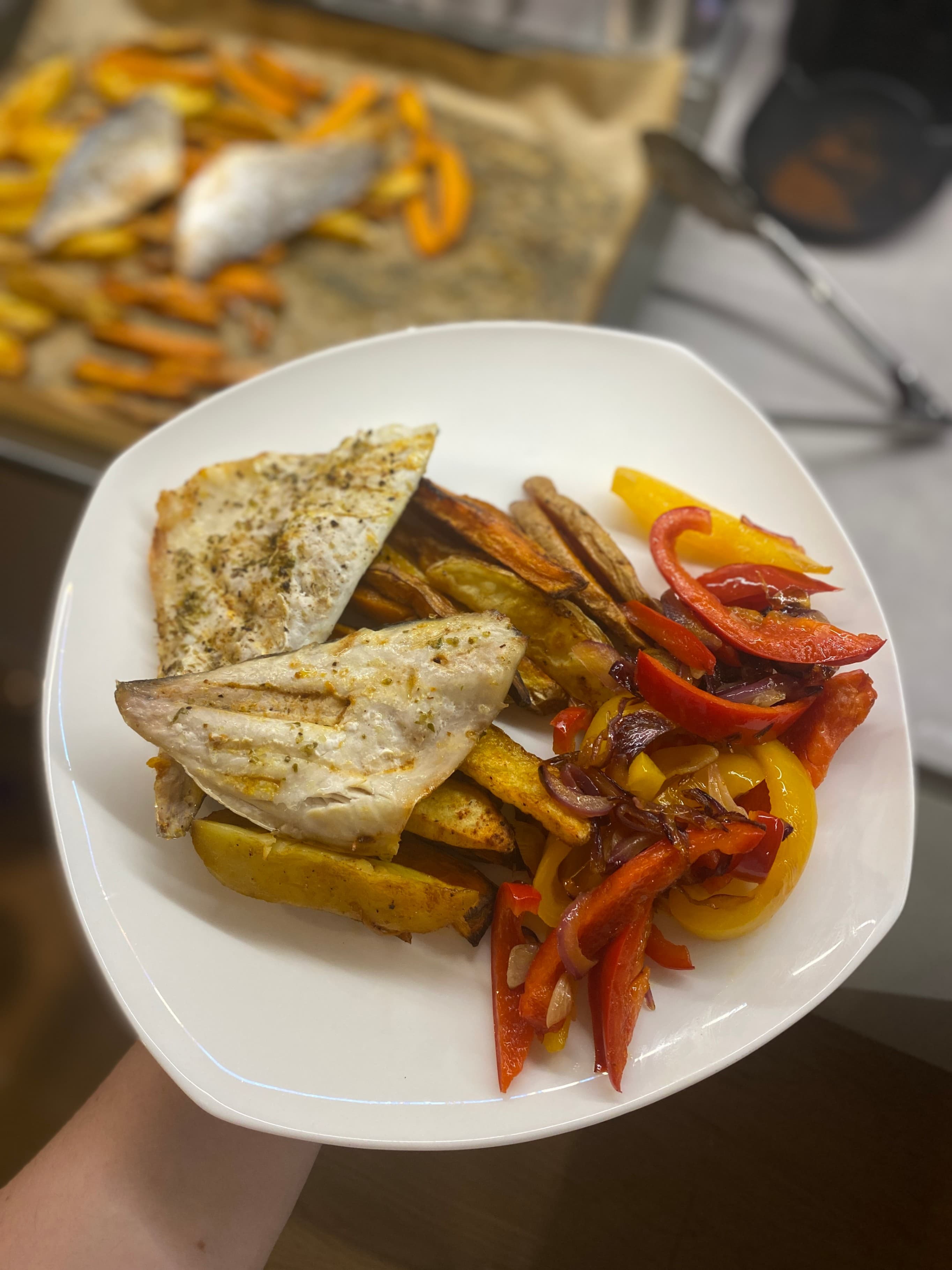 Mediterranean Goldbrass with Roasted Potatoes and Sautéed Veggies Recipe Image