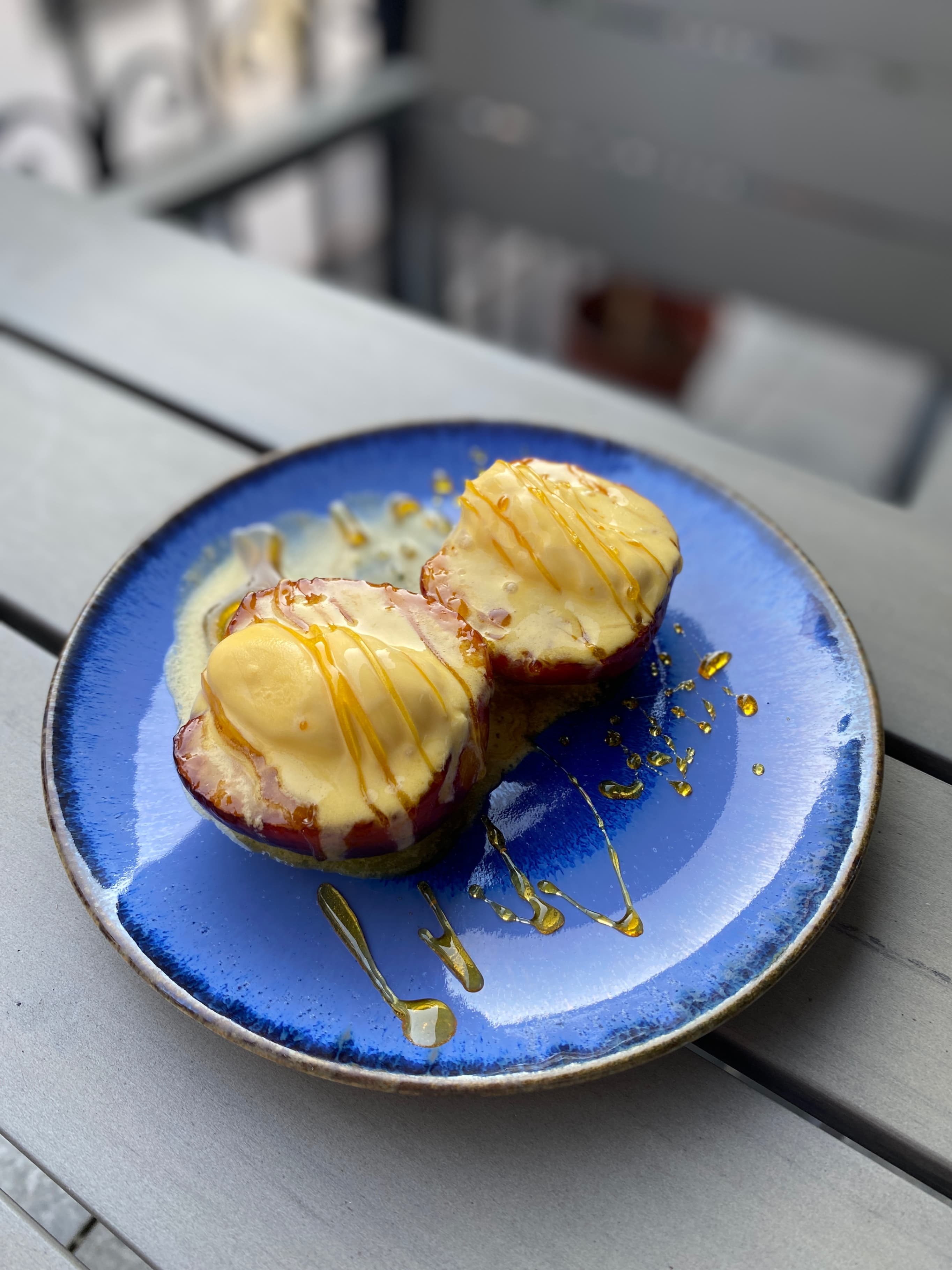 Grilled Peaches with Vanilla Ice Cream and Crunchy Caramel Drizzle Recipe Image
