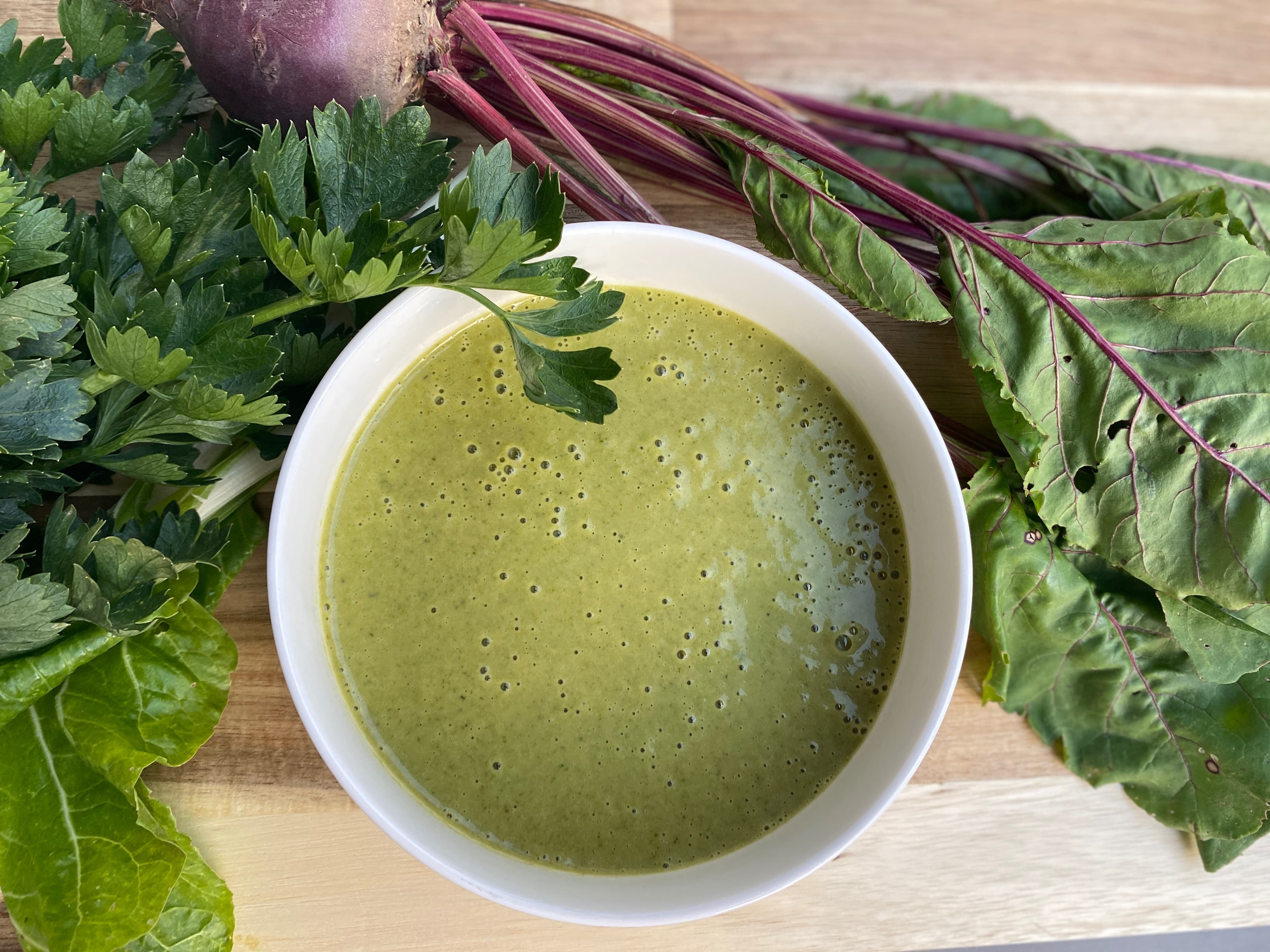 Root Vegetable and Leafy Green Crème Soup Recipe Image