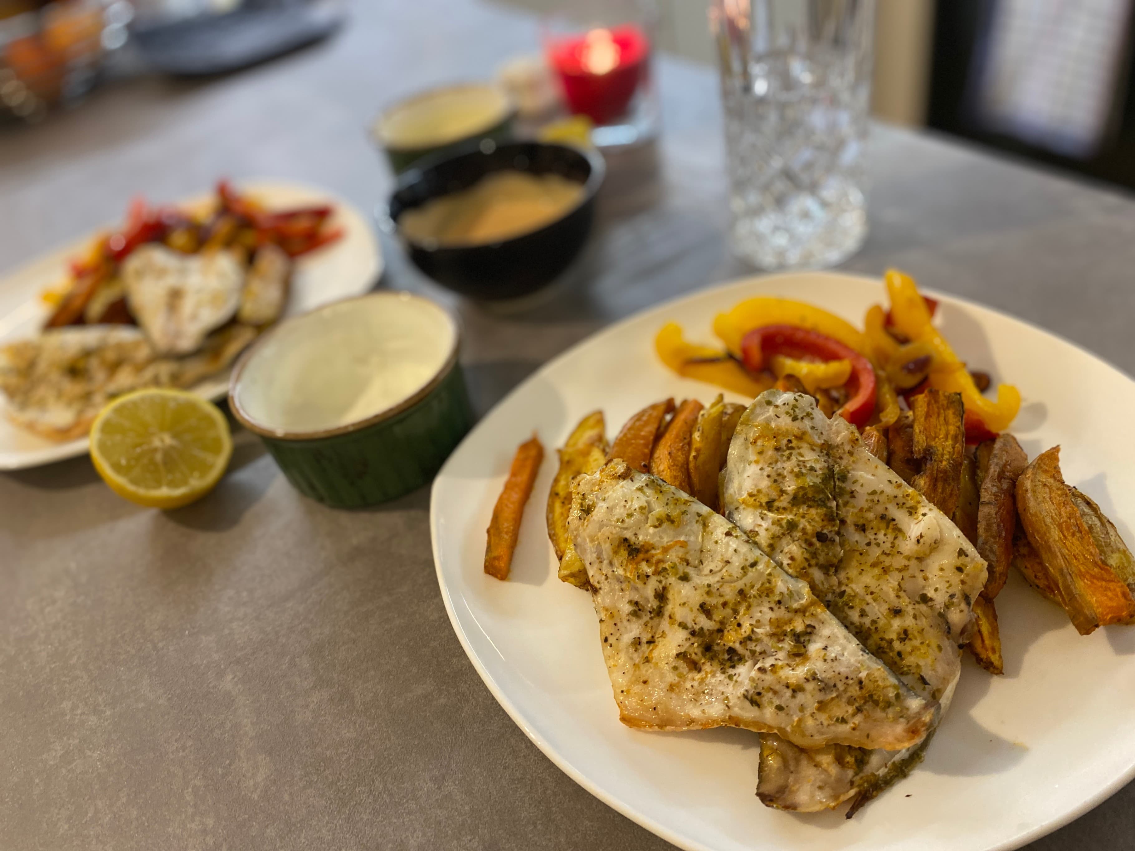 Mediterranean Goldbrass with Roasted Potatoes and Sautéed Veggies Recipe Image