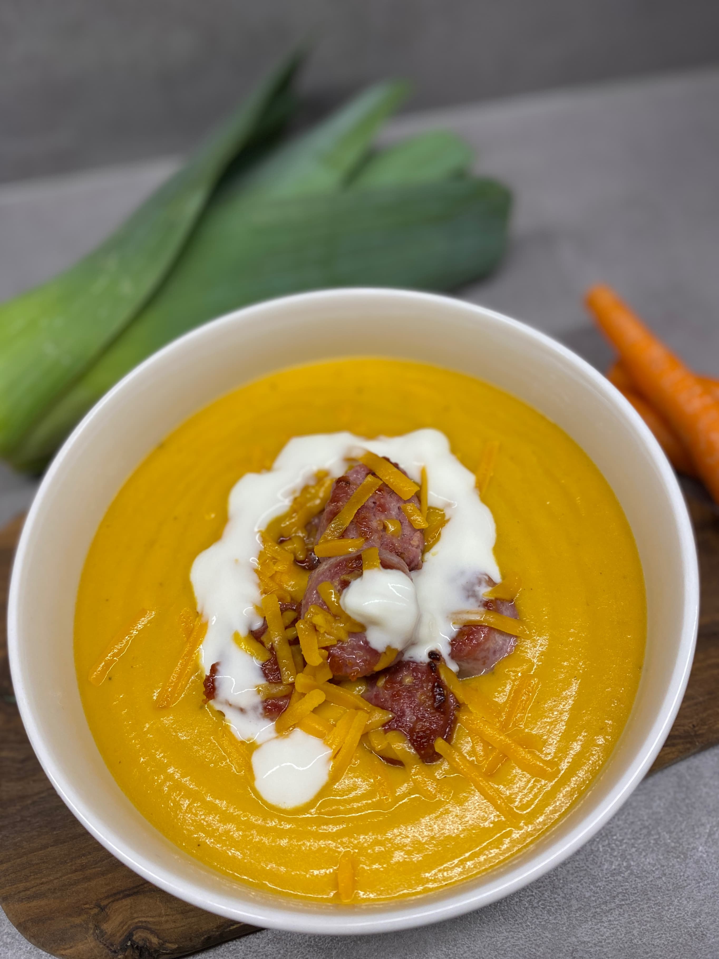 Carrot Soup with Cheddar and Salsiccia Recipe Image
