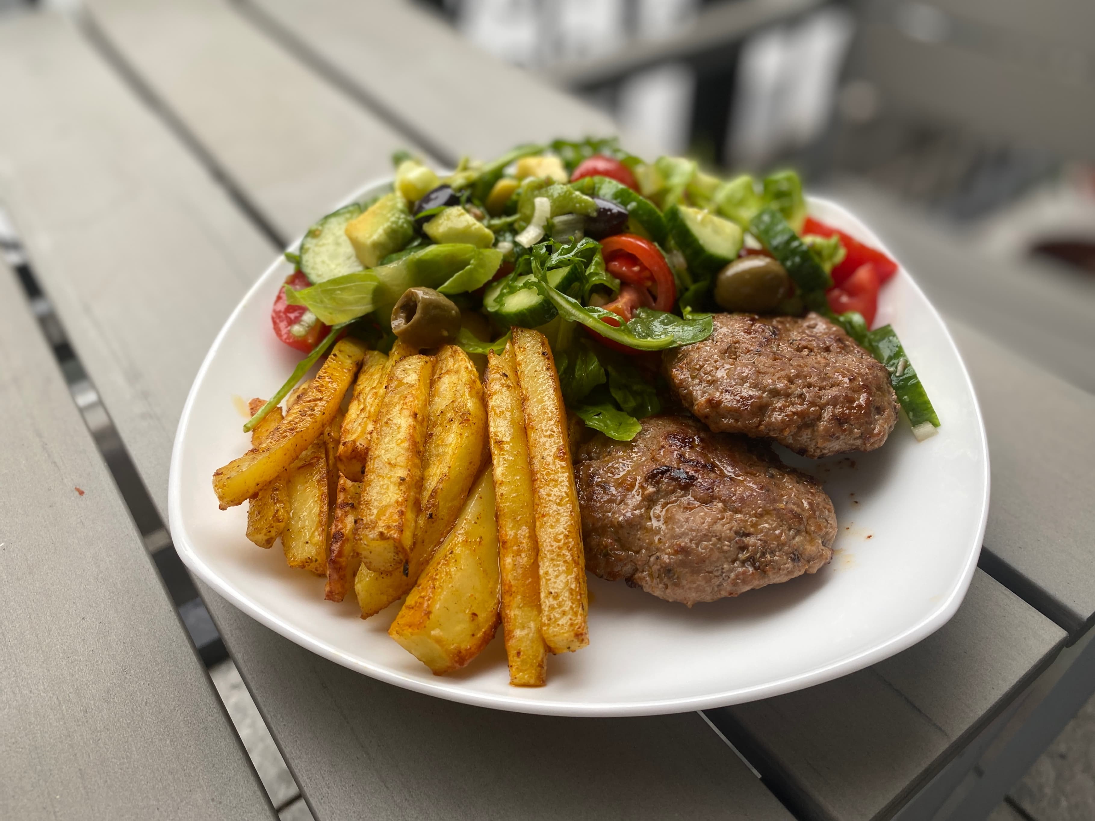 Beef Meatballs with Garlic Herb Potatoes and Garden Salad Recipe Image