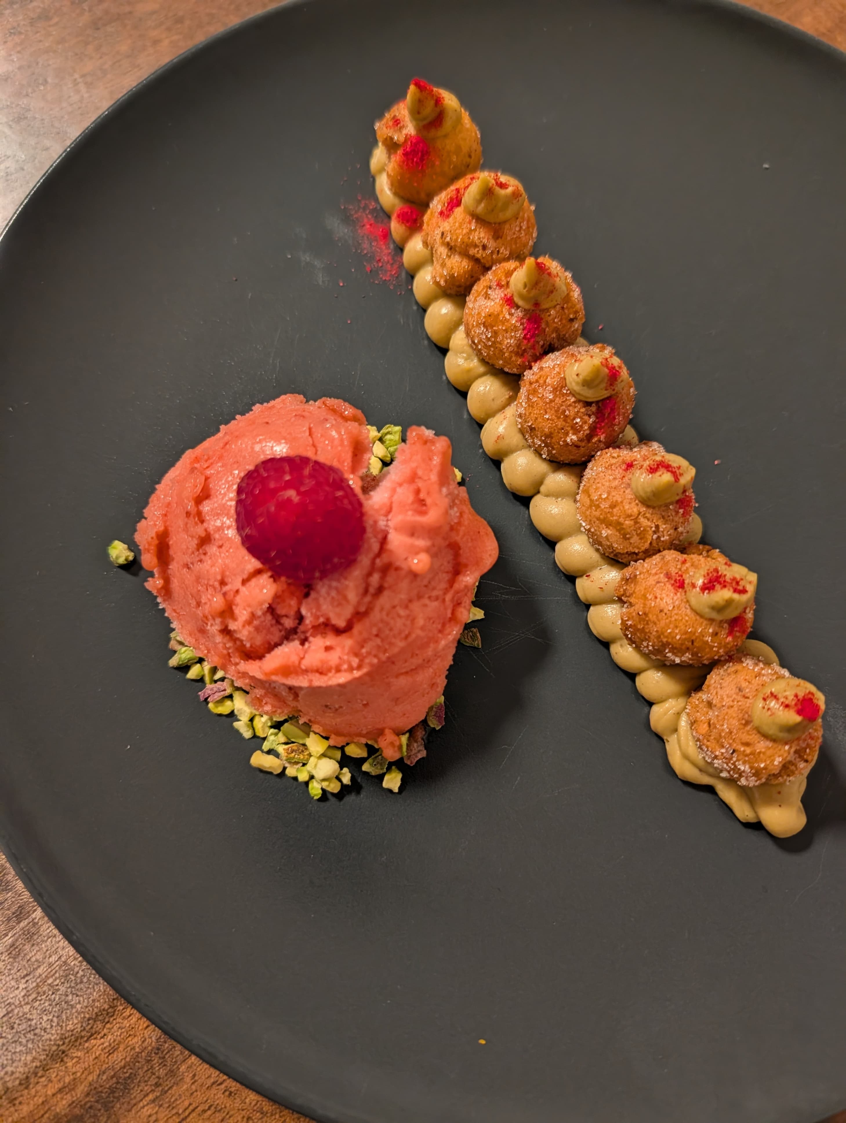 Exquisite Pistachio Raspberry Dessert with Crispy Mutzen and Creamy Sorbet Rocely Recipe