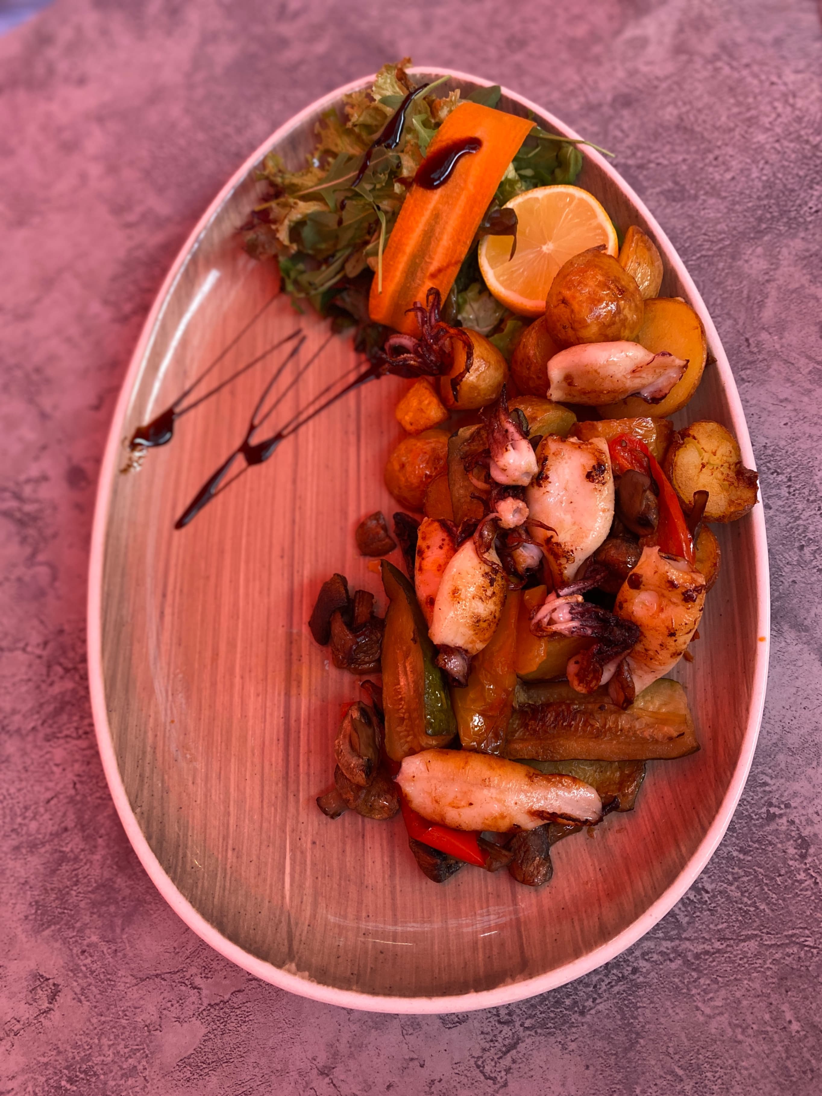 Zesty Grilled Squid with Charred Mediterranean Vegetables and Lemon Potatoes Recipe Image